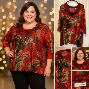 NWOT Susan Graver Red Animal Print Cowl Neck Tunic Top 1X